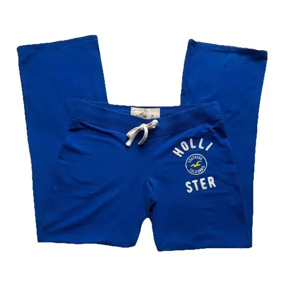 Y2K Hollister Blue Sweatpants Size M Logo Flare Leg Wide Leg Preppy Loungewear - Picture 4 of 10
